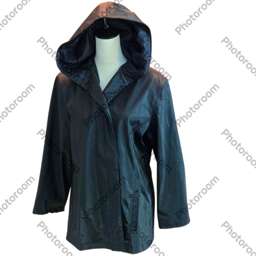 Outbrook Women Large (12/14) Sleek Black Rain Jacket Hidden Buttons with FLAW